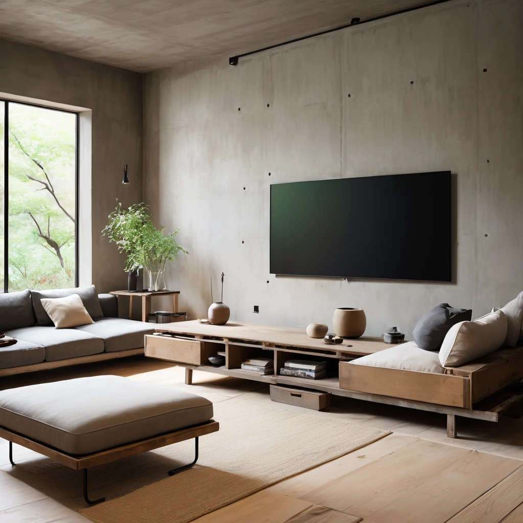 cinematic photo,mrares, ((wabi-sabi style:1.5)), (wabi-sabi_style:1.5), (Zen:1.5),(wabi-sabi elements:1.3), modern living room, simple style, living room, home, concrete plain wall, wooden floor, there is a sofa placed in the space, a projection screen facing the sofa, and a push-pull cart, wide angle,long-focus,depth of field, . 35mm photograph, film, bokeh, professional, 4k, highly detailed
