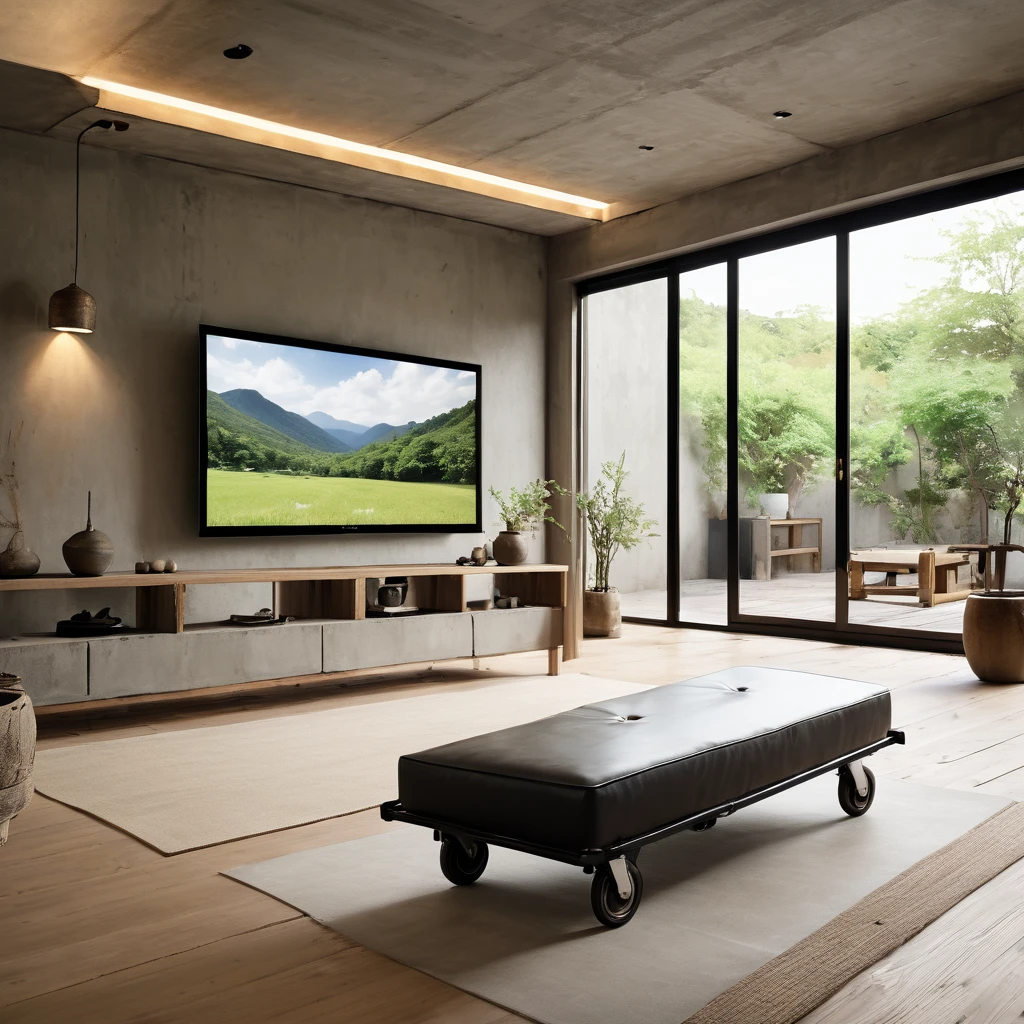 cinematic photo,mrares, ((wabi-sabi style:1.5)), (wabi-sabi_style:1.5), (Zen:1.5),(wabi-sabi elements:1.3), modern living room, simple style, living room, home, concrete plain wall, wooden floor, there is a sofa placed in the space, a projection screen facing the sofa, and a push-pull cart, wide angle,long-focus,depth of field, . 35mm photograph, film, bokeh, professional, 4k, highly detailed
