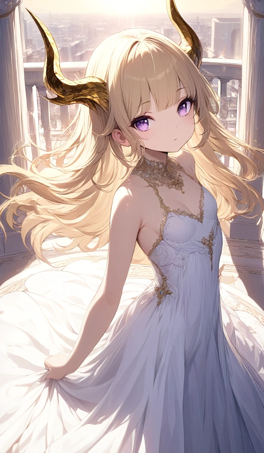 Masterpiece, very detailed, ultra detailed, one, (1 girl), she is in a complex white dress, and in an elegant position, small, children's style, long golden hair and bangs, golden demonic horns, beautiful, charming, purple eyes, elegant, small breasts, kind face, charming, she stands against the background of a luxurious balcony and big sun.