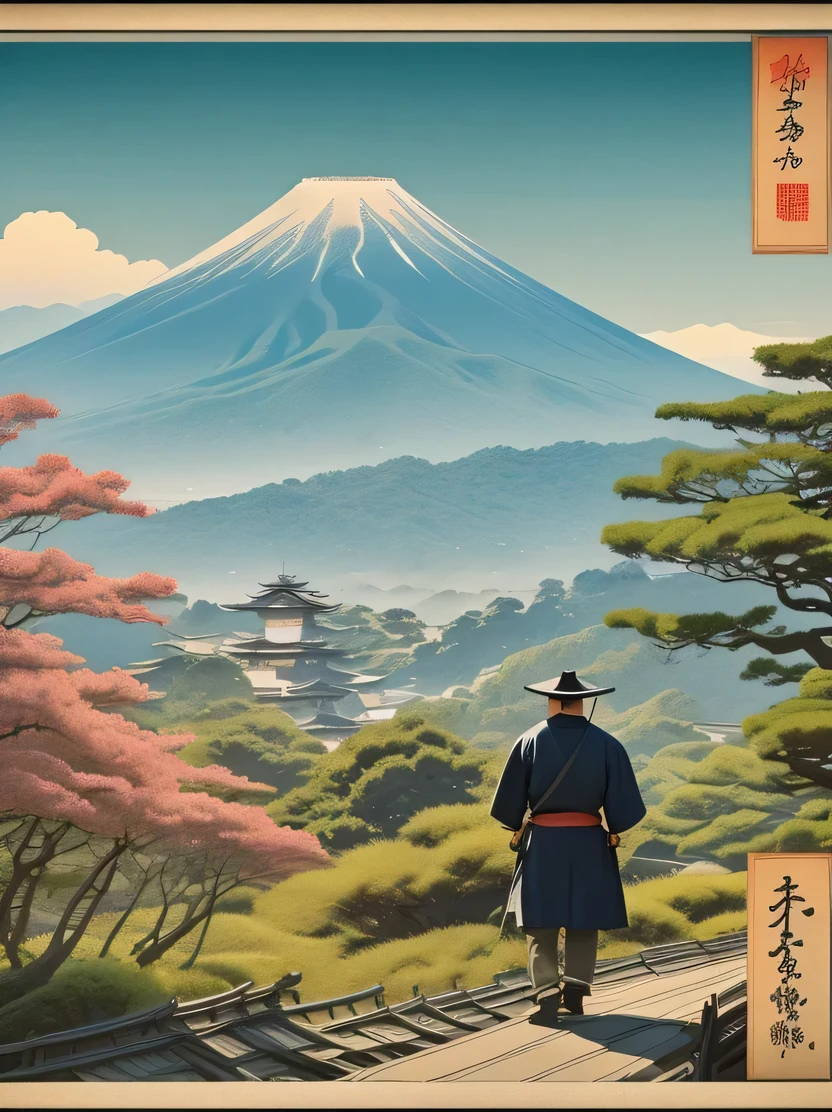 ((masterpiece、Highest quality、Very detailed、High resolution、Realistic、Sharp focus))、((No humans))、Japanese Landscape、Ukiyo-e、Outdoor、Samurai on horsebac. Fuji in the background、Cute Ukiyo-e