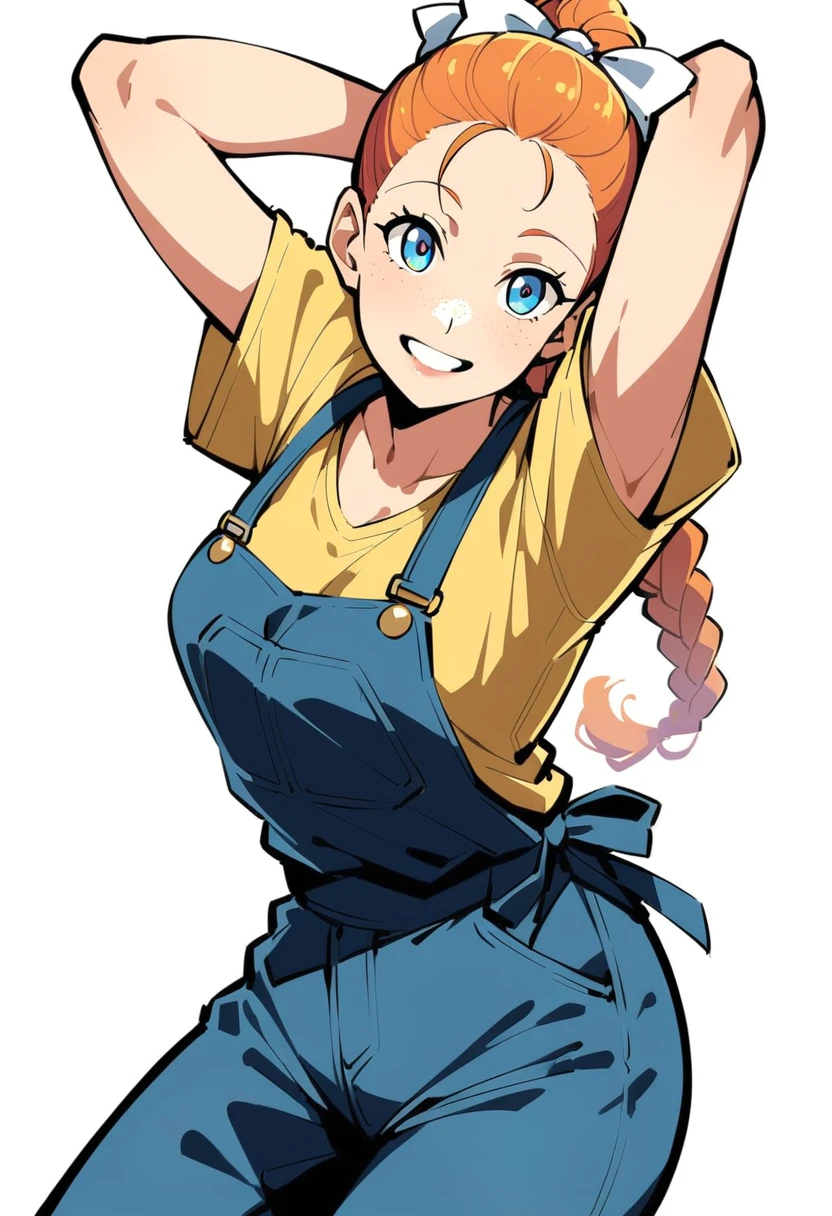 pewarnaan character, visual illustration, aged up, @ANN, ann \(harvest moon\), ran \(bokujou monogatari\), braided ponytail, single braid, forehead, 1girl, solo, (overalls), white background, (blue overalls), smile, blue eyes, simple background, looking at viewer, breasts, arms up, short sleeves, yellow shirt, orange hair, blonde hair, cowboy shot, collarbone, collared shirt, cleavage, denim, upper teeth only, long hair, medium breasts, standing, arms behind head, teeth, oversized clothes, partially unbuttoned, pants, oversized shirt, buttons, head tilt, flat chest, hair bow, white bow, tomboy, round teeth, plaid shirt, denim overalls, mature female, tall, tall female, slim body, freckles, highres, 4k, 8k