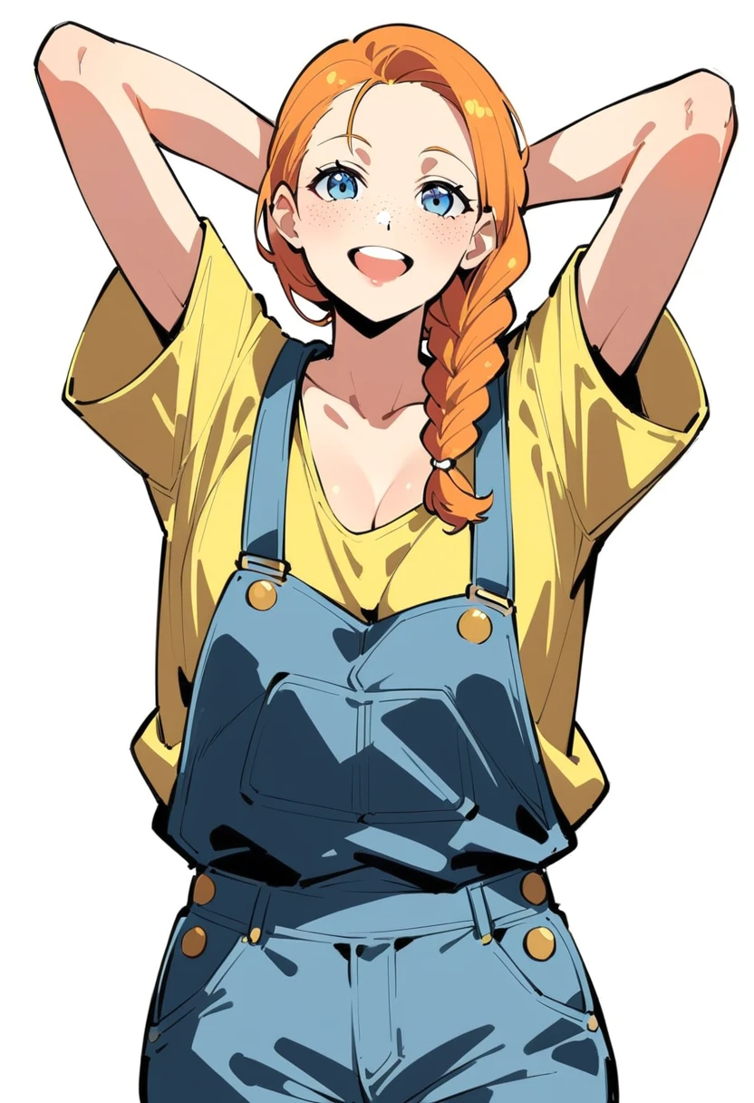 pewarnaan character, visual illustration, aged up, @ANN, ann \(harvest moon\), ran \(bokujou monogatari\), braided ponytail, single braid, forehead, 1girl, solo, (overalls), white background, (blue overalls), smile, blue eyes, simple background, looking at viewer, breasts, arms up, short sleeves, yellow shirt, orange hair, blonde hair, cowboy shot, collarbone, collared shirt, cleavage, denim, upper teeth only, long hair, medium breasts, standing, arms behind head, teeth, oversized clothes, partially unbuttoned, pants, oversized shirt, buttons, head tilt, flat chest, hair bow, white bow, tomboy, round teeth, plaid shirt, denim overalls, mature female, tall, tall female, slim body, freckles, highres, 4k, 8k