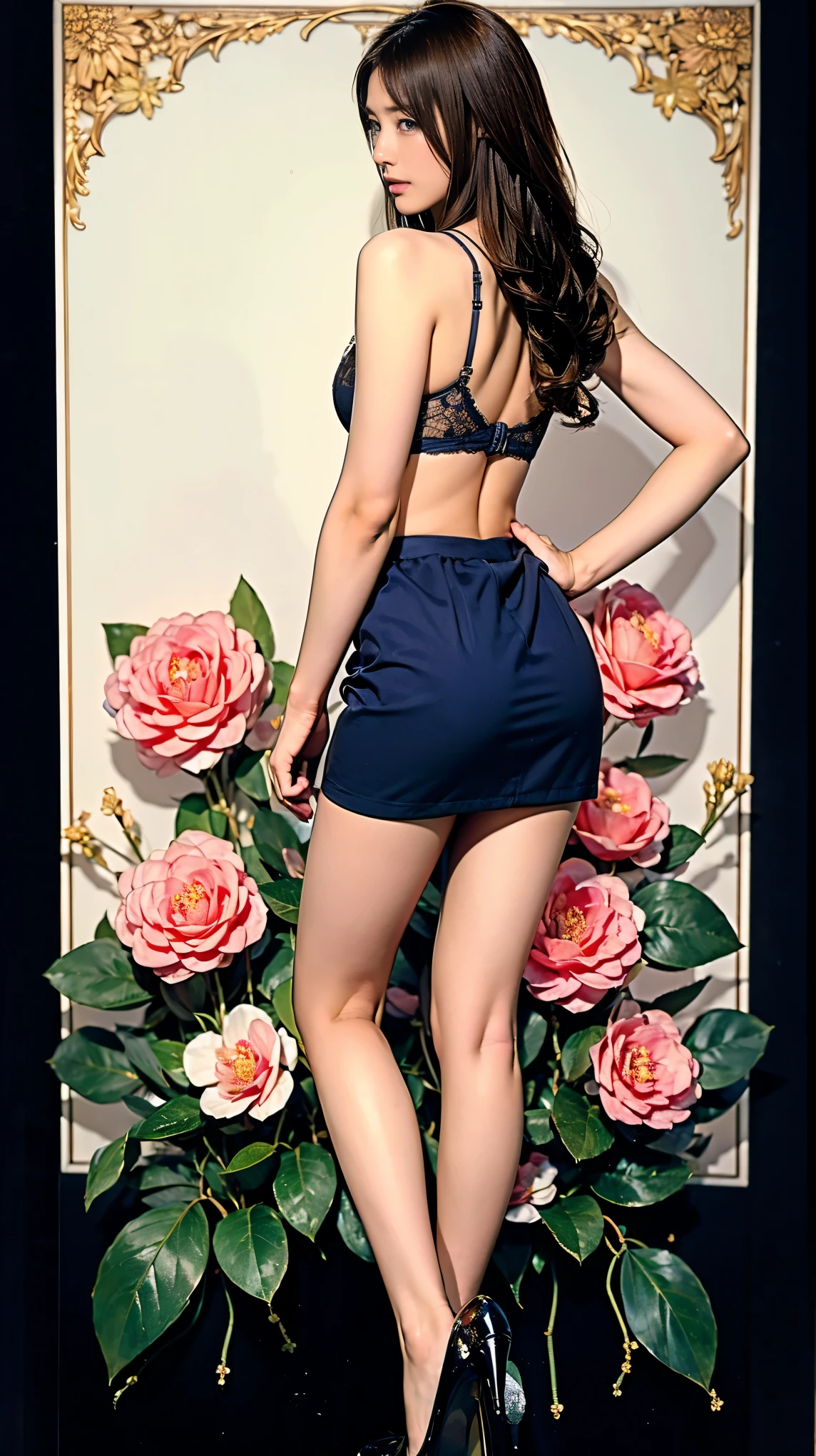 ((masterpiece)),(((Highest quality))),Thin thighs,Long legs,whole body:1.5，(One Girl:1.3),(Black pantyhose and thick pointy heels：1.3),(Wearing a navy blue bra with white camellia flower lace:1.2),Wearing a short navy blue mini skirt:1.5，Short Blonde:1.2、Cute Model Pose，Back view:1.5