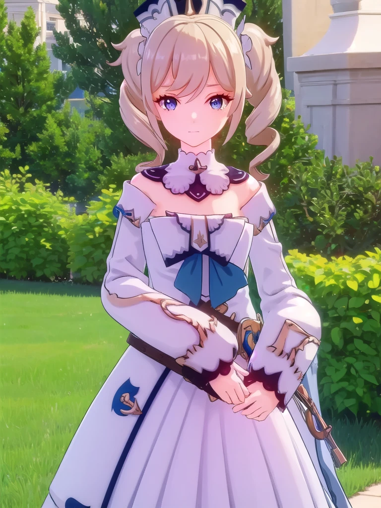 genshinbarbara, barbara, long hair, bangs, blue eyes, blonde hair, hair between eyes, twintails, sidelocks, drill hair, light brown hair, twin drills, smile,
BREAK long sleeves, hat, dress, bow, detached sleeves, white dress, detached collar, vision \(genshin impact\),
BREAK outdoors,
BREAK looking at viewer, (cowboy shot:1.5),
BREAK (masterpiece:1.2), best quality, high resolution, unity 8k wallpaper, (illustration:0.8), (beautiful detailed eyes:1.6), extremely detailed face, perfect lighting, extremely detailed CG, (perfect hands, perfect anatomy),