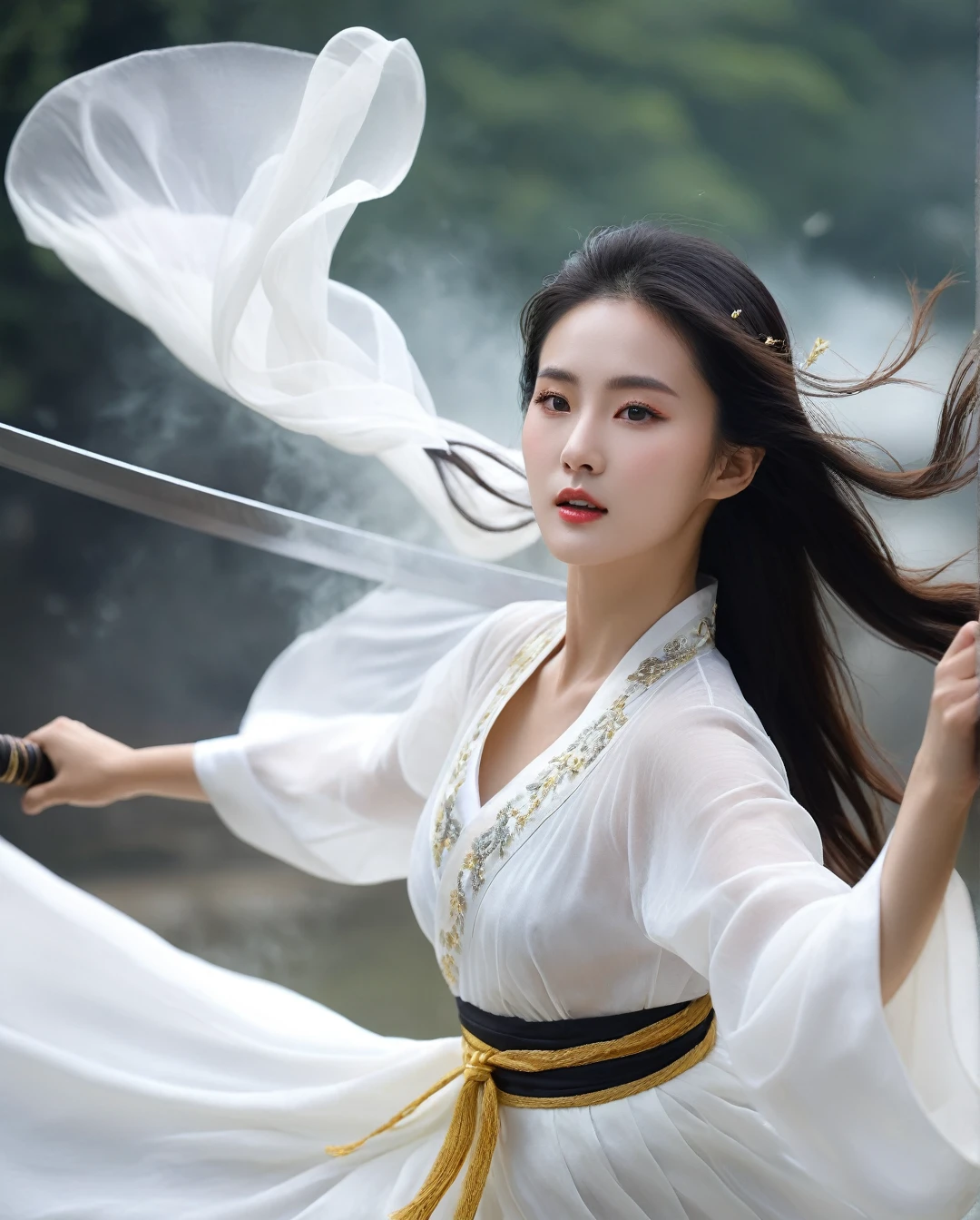 beautiful Korean woman, (((Mikamaria))), (motion blur:1.3), abnormally stunning beautiful face, black and white close-up,woman in intricate pure white hanbok dress, Flying in the air like a Chinese movie ,spinning frantically, translucent tingling air particles on dress hem, In her hand is a golden ancient Chinese sword,in ancient china, professional fashion photography,UHD, 4k, 8k