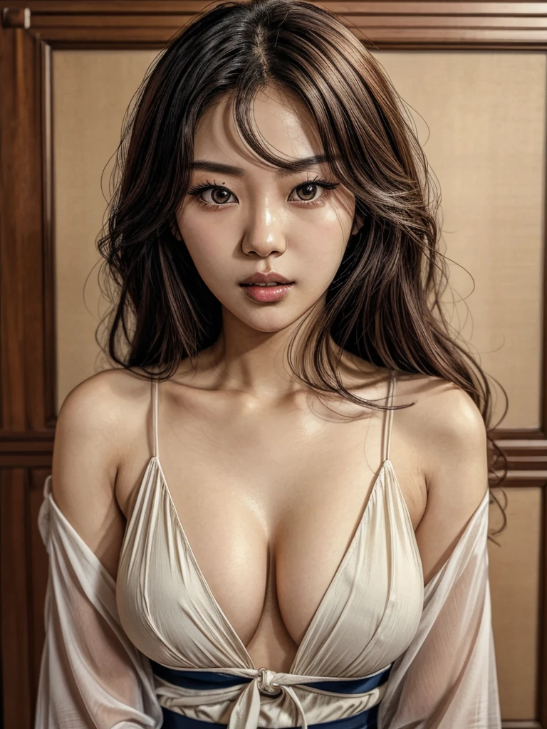 a close up of a woman in a  posing for a picture,  beautiful Korean women, Beautiful Asian Girl, Gorgeous young Korean woman, sakimichan, Asian Girl, young and cute girl, girl cute-fine-face, Beautiful young Korean woman, Seductive Anime Girl, Korean Woman, sexy look at the camera、Blouse with wide open chest、middlebreast、 cleavage, sultry look, seductive,
