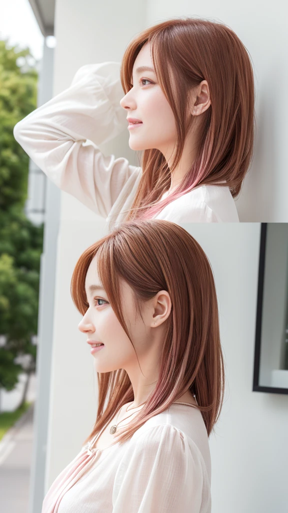 ((Long sleeve blouse))、(背景にWhite wall、Pink brown hair color:1.4)、White wall、In front of a white door、(窓のあるWhite wallの部屋)、(8K、Live Shooting、Highest quality、masterpiece:1.2)、High-quality RAW color photos、Professional photos、(Genuine、フォトGenuine:1.37)、Photographed in natural light、1 Girl、A sloppy smile、(Various poses)、necklace、(Beautiful profile:1.3)、Don&#39;t look at the camera、profile、Shortcuts、short hair、The eye color is dark brown、(Beautiful profile:1.3)、Correct hand of human body、Pastel colored clothes、Woman with single eyelid、The correct state of the human body、Natural  lip、Shot in well-lit areas