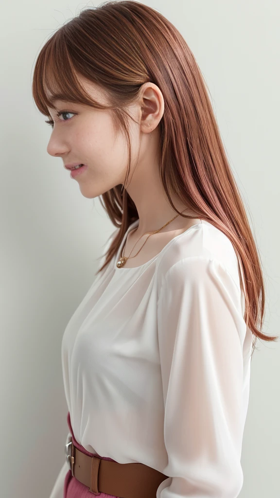 ((Long sleeve blouse))、(背景にWhite wall、Pink brown hair color:1.4)、White wall、In front of a white door、(窓のあるWhite wallの部屋)、(8K、Live Shooting、Highest quality、masterpiece:1.2)、High-quality RAW color photos、Professional photos、(Genuine、フォトGenuine:1.37)、Photographed in natural light、1 Girl、A sloppy smile、(Various poses)、necklace、(Beautiful profile:1.3)、Don't look at the camera、profile、Shortcuts、short hair、The eye color is dark brown、(Beautiful profile:1.3)、Correct hand of human body、Pastel colored clothes、Woman with single eyelid、The correct state of the human body、Natural lip、Shot in well-lit areas