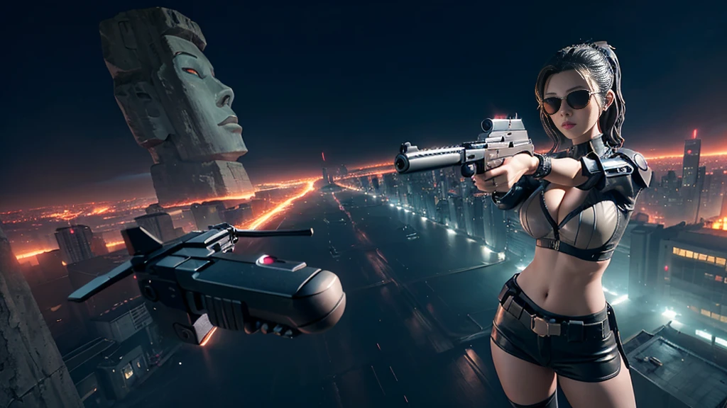 At night, dark sky, aerial view of fantasy cyberpunk style Moai-statue city, ((flying vehicle)). (1girl, solo), photo realistic, medium-breast:1.1 slim body, cleavage, sexy clothes, (black sunglasses), (((hip-up standing aiming pistol pose))), half-body thigh level medium shot, cinematic lighting.