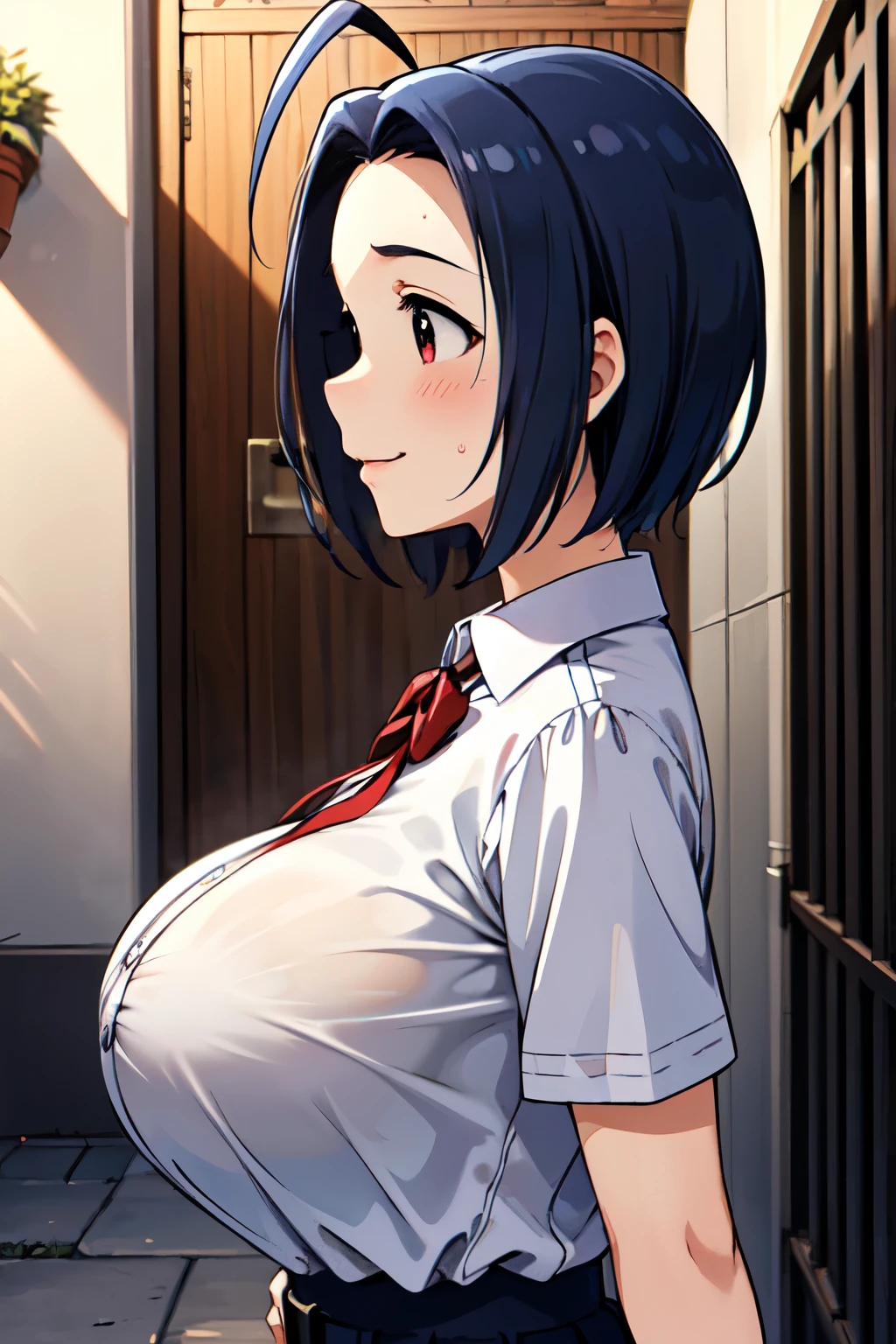 masterpiece, best quality, highres, aaazusa, short hair, ahoge, parted bangs, ,school uniforms, outdoors, Alley,Shade,Dimly lit place,A kind smile,Shyness,sweat,breath,blush,(large breast:1.2),huge breast,big tits,busty,Curvaceous,Hourglass Shape,A well-defined figure,slender,Big chest and small waist,((breast focus)),hands on breasts,Upper Body,Landscape,from side,Long breasts in front