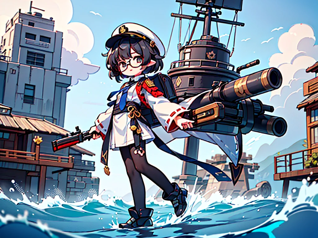 (((masterpiece, Vision))), ((((Full body of a woman with perfect flat chest、1 Female、solo、Short unkempt black hair、Tie your messy hair at the nape of your neck、white military jacket、Miko costume、black tights、Black glasses are black、White military cap、Cloudy black eyes、Confused eyes、Junyo-inspired emblem)))), (((Shipgirl))), ((Floating on the morning sea with both feet)), (Standing with your legs apart)), Aim, (Hold the shotgun turret grip with your right hand), (Four white armored mechanical tentacles extending from its back), (Mechanical tentacles holding machine guns), (Equipped with a bridge on the back), (His left arm holds the grip of a triple machine gun),