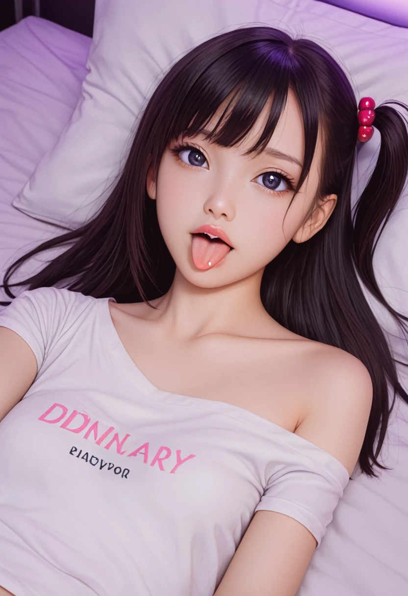 ollarbone,pastel colors t-shirt,off-shoulder look,bare shoulder,midriff peek,micro shorts,open mouth,(tongue out:2),lying,front view,upper body,Embarrassed,(1girl,Beautiful 14 year old girl),((Slender,Small breasts,Small face,)),(looking at viewer),Black Hair,bangs,one side up,Beautiful and detailed,(Dimly lit room:1.5),Simple Background,bed,pillow,best quality,Brilliant Quality