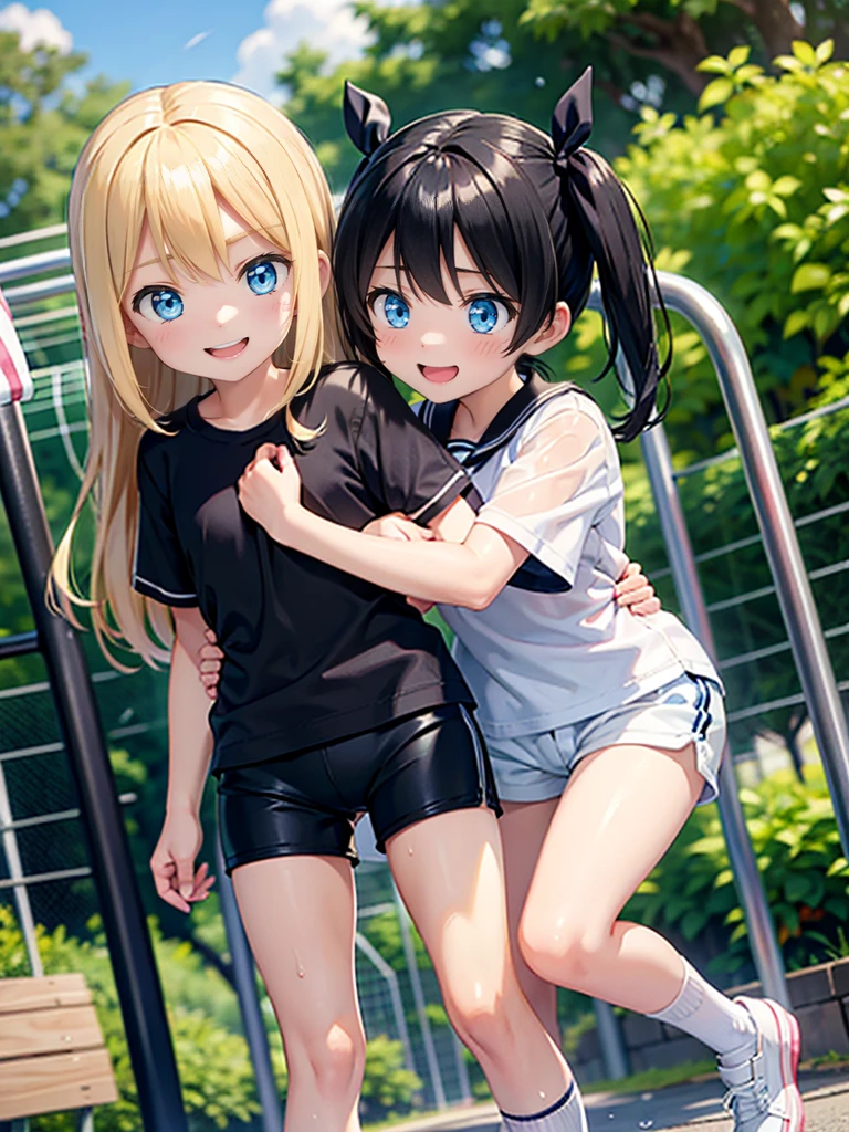 10 and 8 year old girls、blonde, Long Hair, blue eyes, Black Hair Ribbon, white shorts, spats, Happy, Hilarious, Day, outside, White shoes, flat, short, Playing on the jungle gym in the park、Wet with sweat