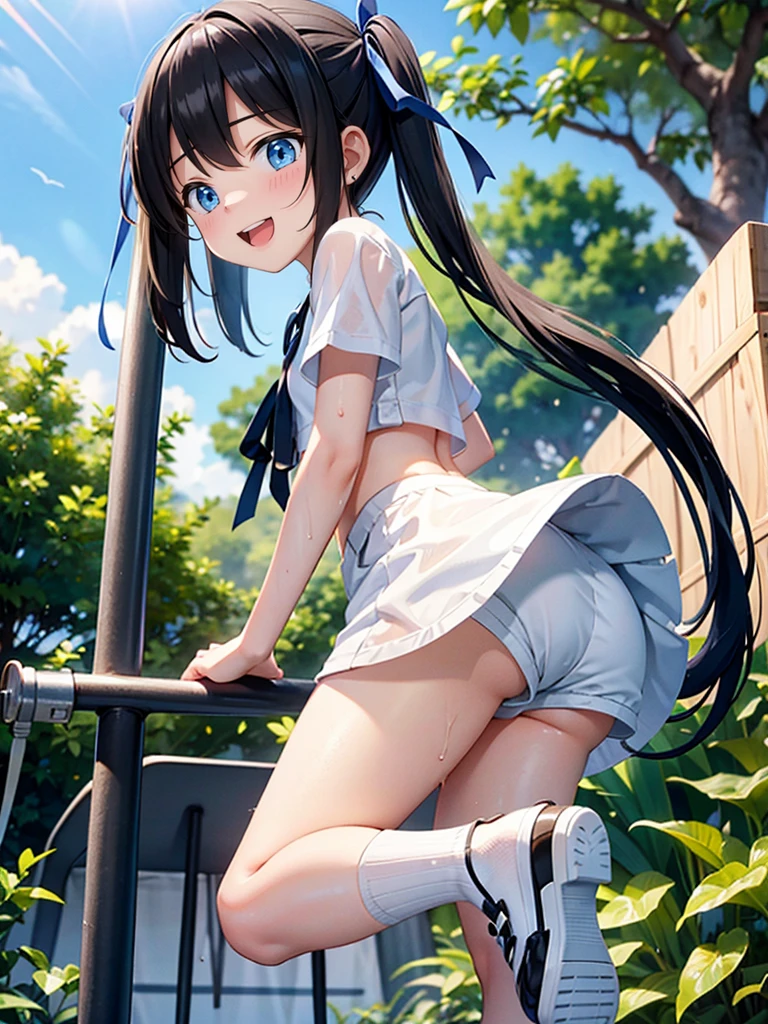 10 and old girls、blonde, Long Hair, blue eyes, Black Hair Ribbon, white shorts, spats, Happy, Hilarious, Day, outside, White shoes, flat, short, Playing on the jungle gym in the park、Wet with sweat