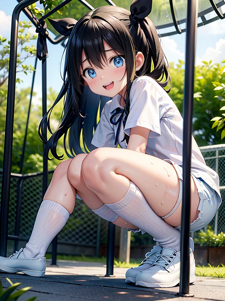 10 and 8 year old girls、blonde, Long Hair, blue eyes, Black Hair Ribbon, white shorts, spats, Happy, Hilarious, Day, outside, White shoes, flat, short, Playing on the jungle gym in the park、Wet with sweat