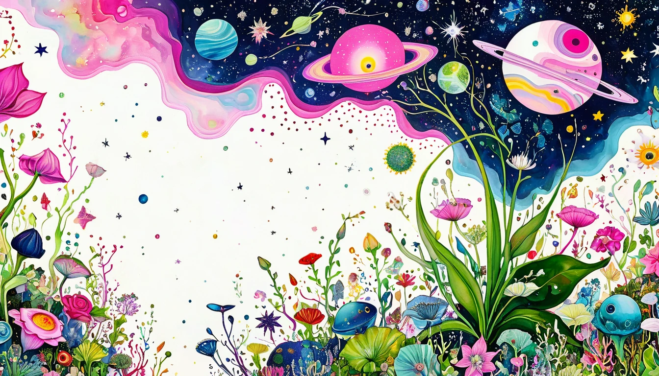 intense visuals,Multi-element fusion,bud,microorganism、plant、Marine life、Eye、Starry Sky,Stitching together an abstract painting,Describing the inner world of autistic people,(((Sense of space,White Space))),interesting,Innocence,Psychedelic Art,pink