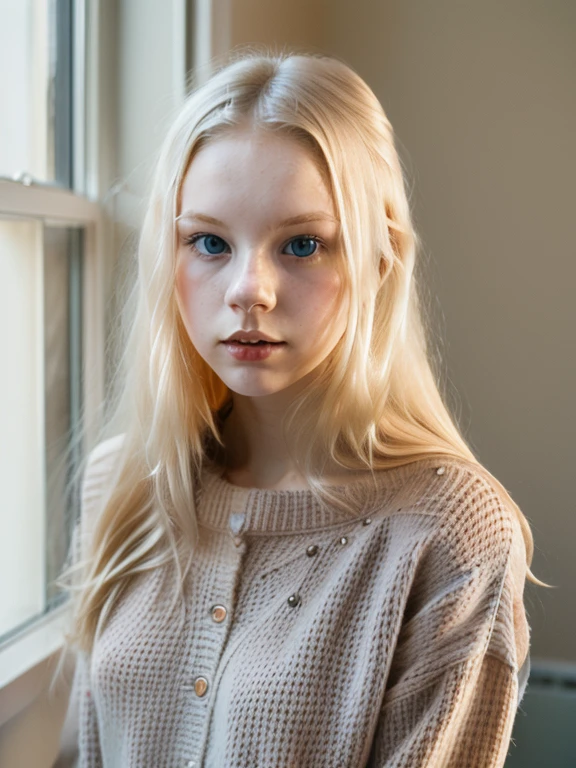 woman, blonde, young, 23 y.o., pale skin, long sweater, dark room,