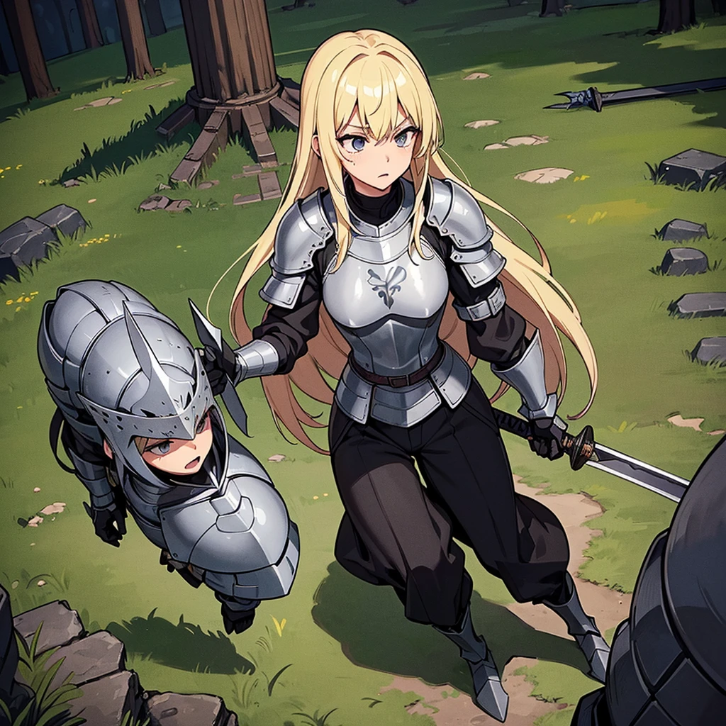 Best illustrations、Best Quality、(Full body character concept、detailed)、(((Simple grey armor、Black trousers、Black gloves、woman、18-year-old、Blonde、Long Hair)))、(((Grab the sword、Get Ready)))、(From above)、(Old ruins、Grass)、Fall to the floor、(Black, muddy swamp)、(10 medieval knights)、(anxiety、impatience、Open your mouth、shout)