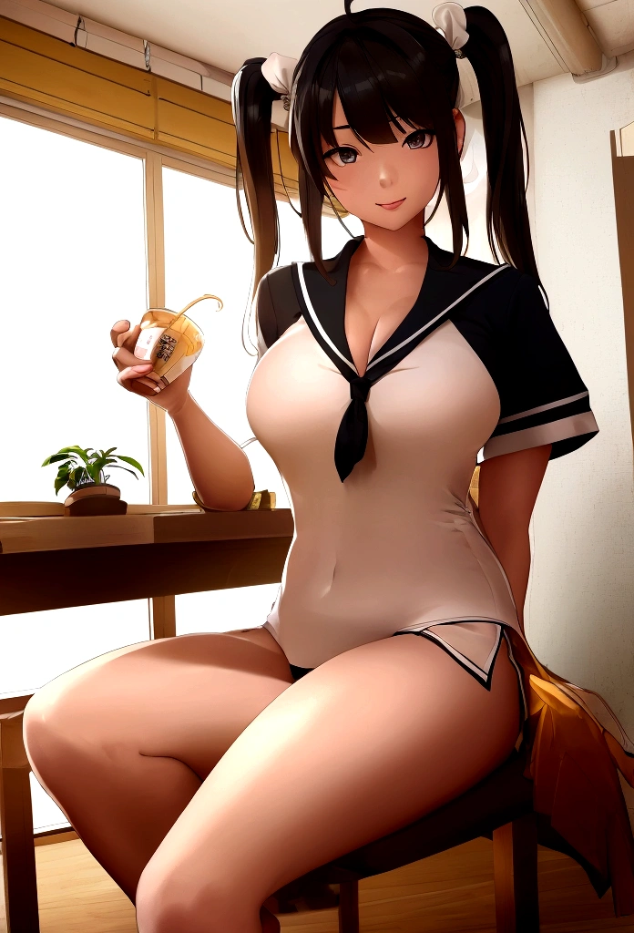 (Highly detailed CG Unity 8k wallpaper,masterpiece, Highest quality, Super detailed),School classroom atmosphere,wood々Sunlight shining through the gaps,A beautiful blonde high school girl with twin tails and ahoge(D Cup),Smartphone in hand,Tinker,Beautiful black-haired ,Skinny and flat chested, Wearing a sailor uniform,Sitting on a chair、He is having a conversation with a blonde girl sitting at a desk.,in the evening.