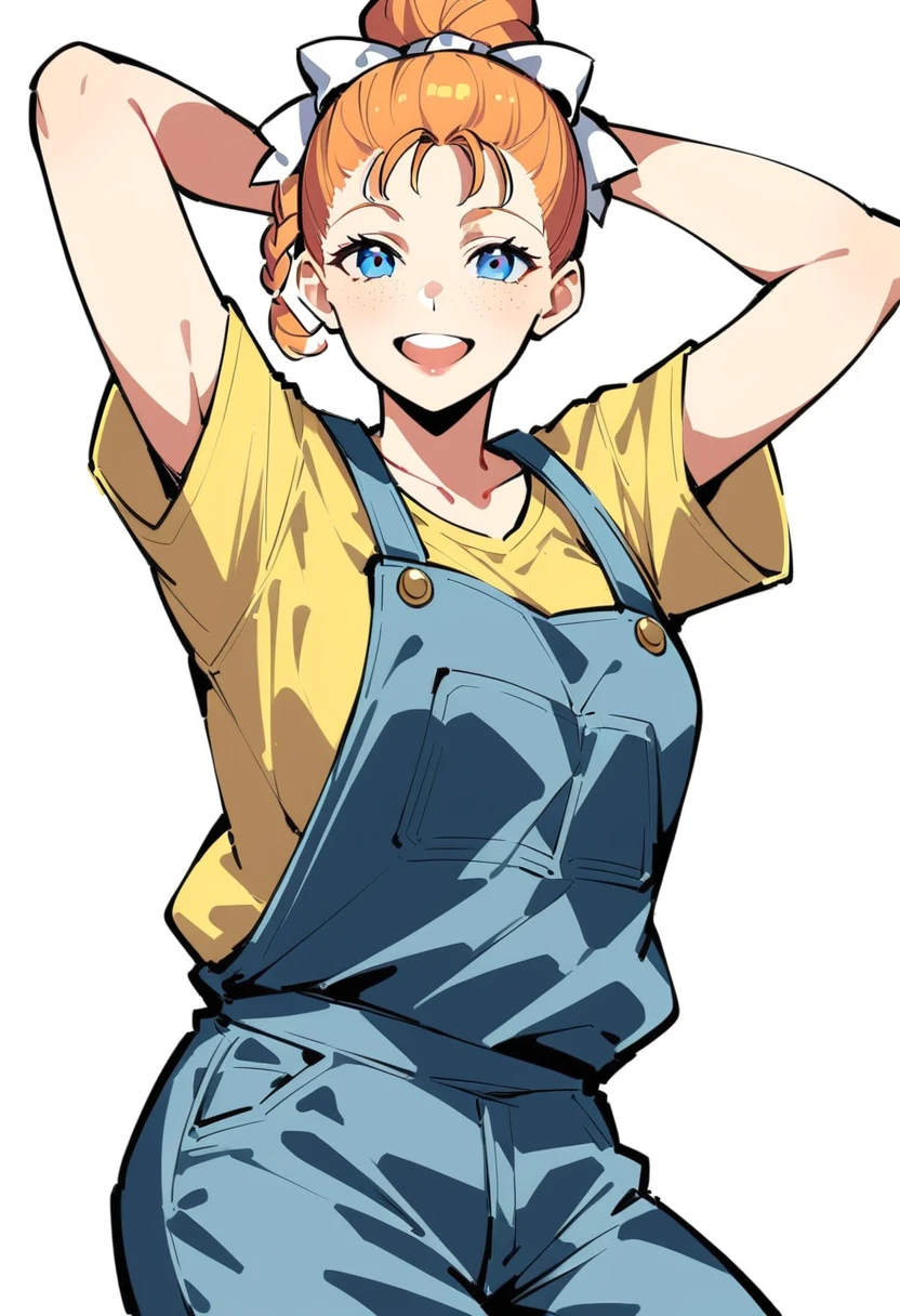 @ANN, pewarnaan character, visual illustration, aged up, 1girl, solo, (overalls), white background, (blue overalls), smile, blue eyes, simple background, looking at viewer, breasts, arms up, short sleeves, yellow shirt, orange hair, cowboy shot, collarbone, collared shirt, cleavage, denim, hair pulled back, upper teeth only, blonde hair, very long hair, medium breasts, forehead, standing, arms behind head, braided ponytail, single braid, teeth, oversized clothes, medium hair, short hair, partially unbuttoned, pants, oversized shirt, buttons, head tilt, flat chest, hair ribbon, white bow, tomboy, round teeth, plaid shirt, denim overalls, mature female, tall, tall female, slim body, freckles, highres, 4k, 8k, ann \(harvest moon\), ran \(bokujou monogatari\)