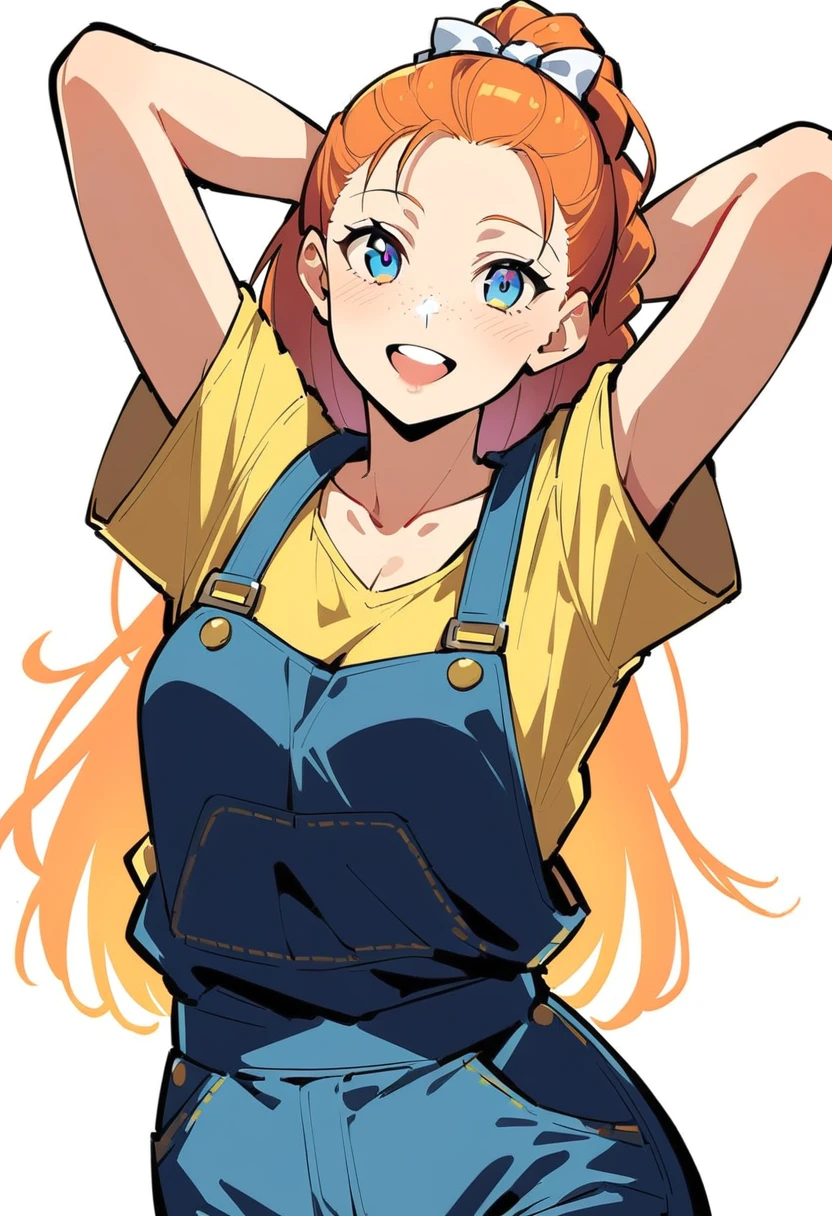 @ANN, pewarnaan character, visual illustration, aged up, 1girl, solo, (overalls), white background, (blue overalls), smile, blue eyes, simple background, looking at viewer, breasts, arms up, short sleeves, yellow shirt, orange hair, cowboy shot, collarbone, collared shirt, cleavage, denim, hair pulled back, upper teeth only, blonde hair, very long hair, medium breasts, forehead, standing, arms behind head, braided ponytail, single braid, teeth, oversized clothes, medium hair, short hair, partially unbuttoned, pants, oversized shirt, buttons, head tilt, flat chest, hair ribbon, white bow, tomboy, round teeth, plaid shirt, denim overalls, mature female, tall, tall female, slim body, freckles, highres, 4k, 8k, ann \(harvest moon\), ran \(bokujou monogatari\)