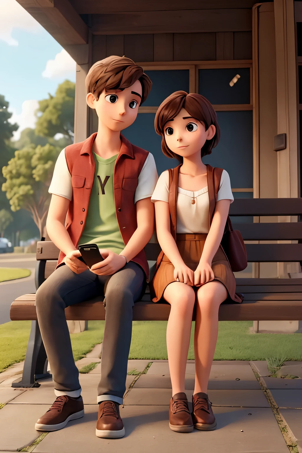 a young couple (man and woman) sitting on a bench looking at a single cell phone, both