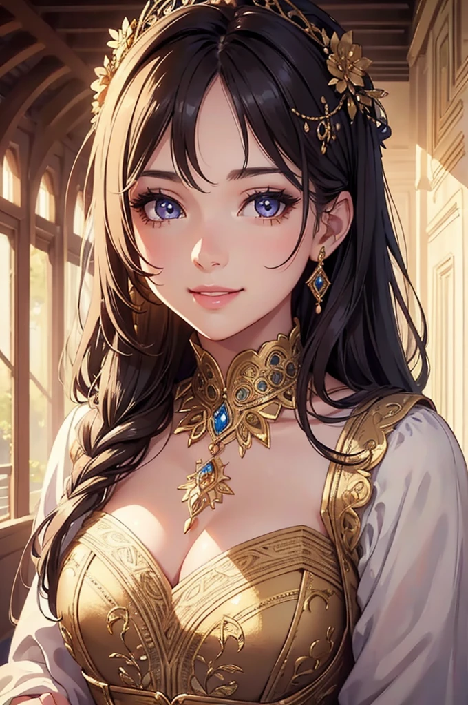 masterpiece, best quality), intricate details, beautiful 30 year old woman, Brown hair, pale skin, blue eyes, sharp jawline, sexy royal robes, pretty lips, upper body, close up, smile, big breasts, cleavage, wizard tower setting,