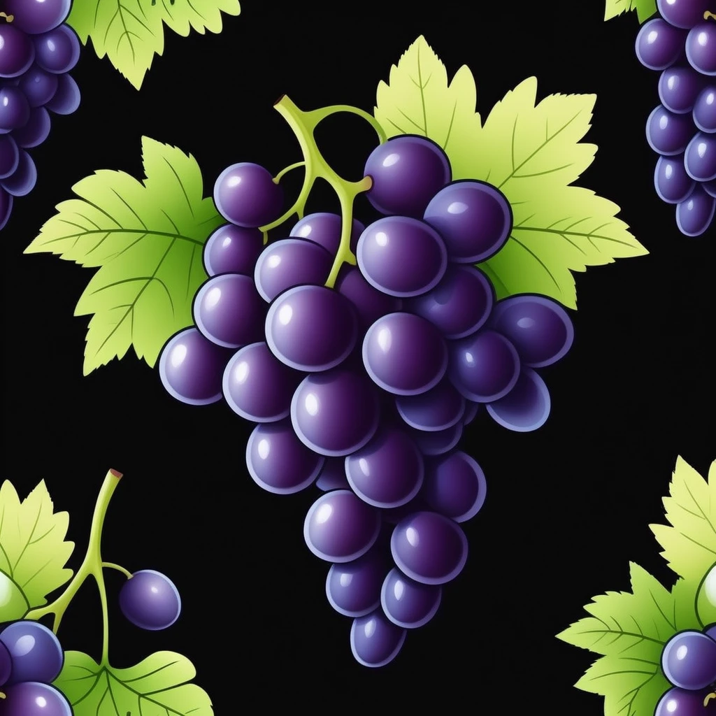 realistic grapes, Black background, cartoon style