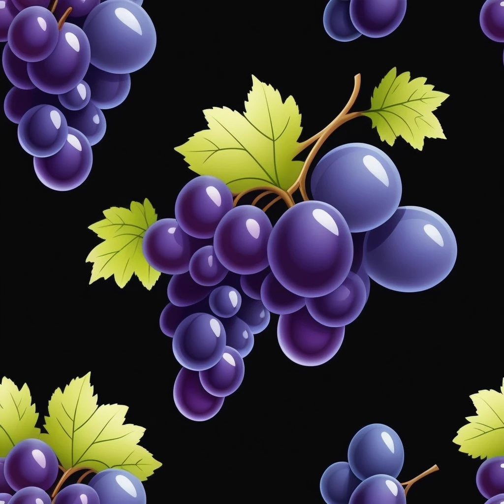 realistic grapes, Black background, cartoon style