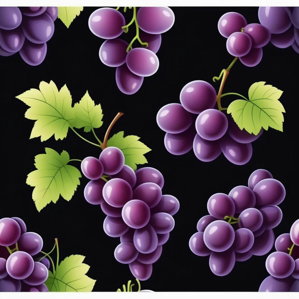 realistic grapes, Black background, cartoon style