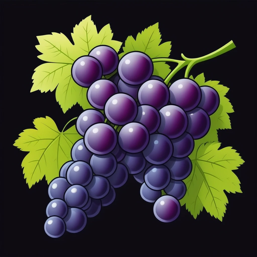 realistic grapes, Black background, cartoon style