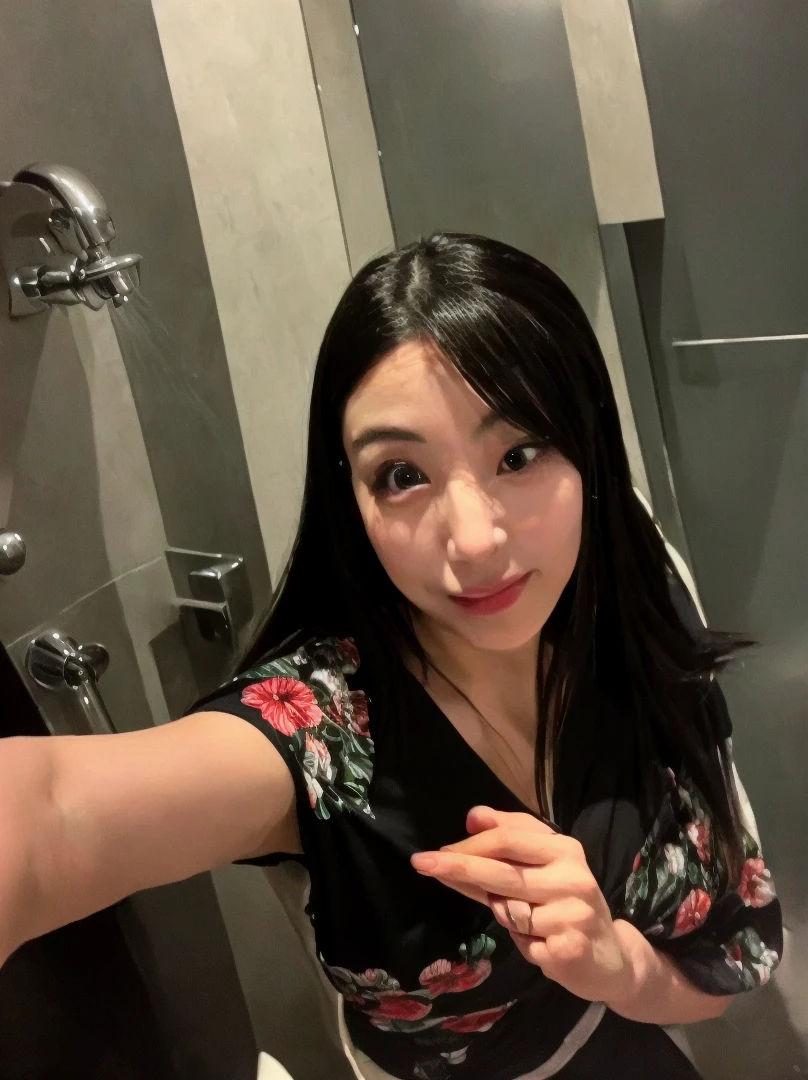 there is a woman that is taking a selfie in the bathroom, Yoshitomo Nara, Chiho, sakimichan, shikamimi, harumi, 🚿🗝📝, Filmed in the early 2020s, Cute Core, Ayami, ❤🔥🍄🌪, at night!!