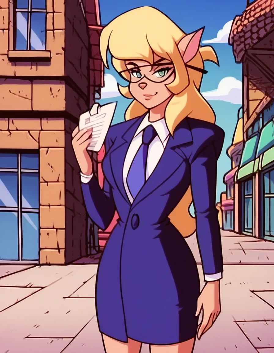 score_9, score_8_up, score_7_up, score_6_up, score_5_up, score_4_up, (Source furry), (rating safe), 1girl solo, outside, trees, clouds, looking at viewer, glasses, callie briggs, pink suit, detailed, detailed fur, (((skirt suit))), (((three-piece suit))), (((dress shirt))), (((necktie))), (((blazer))), (((suit jacket))), ((waistcoat)), double-breasted waistcoat, (((bodycon miniskirt))), pinup pose, pocket square, cufflinks, tie clip