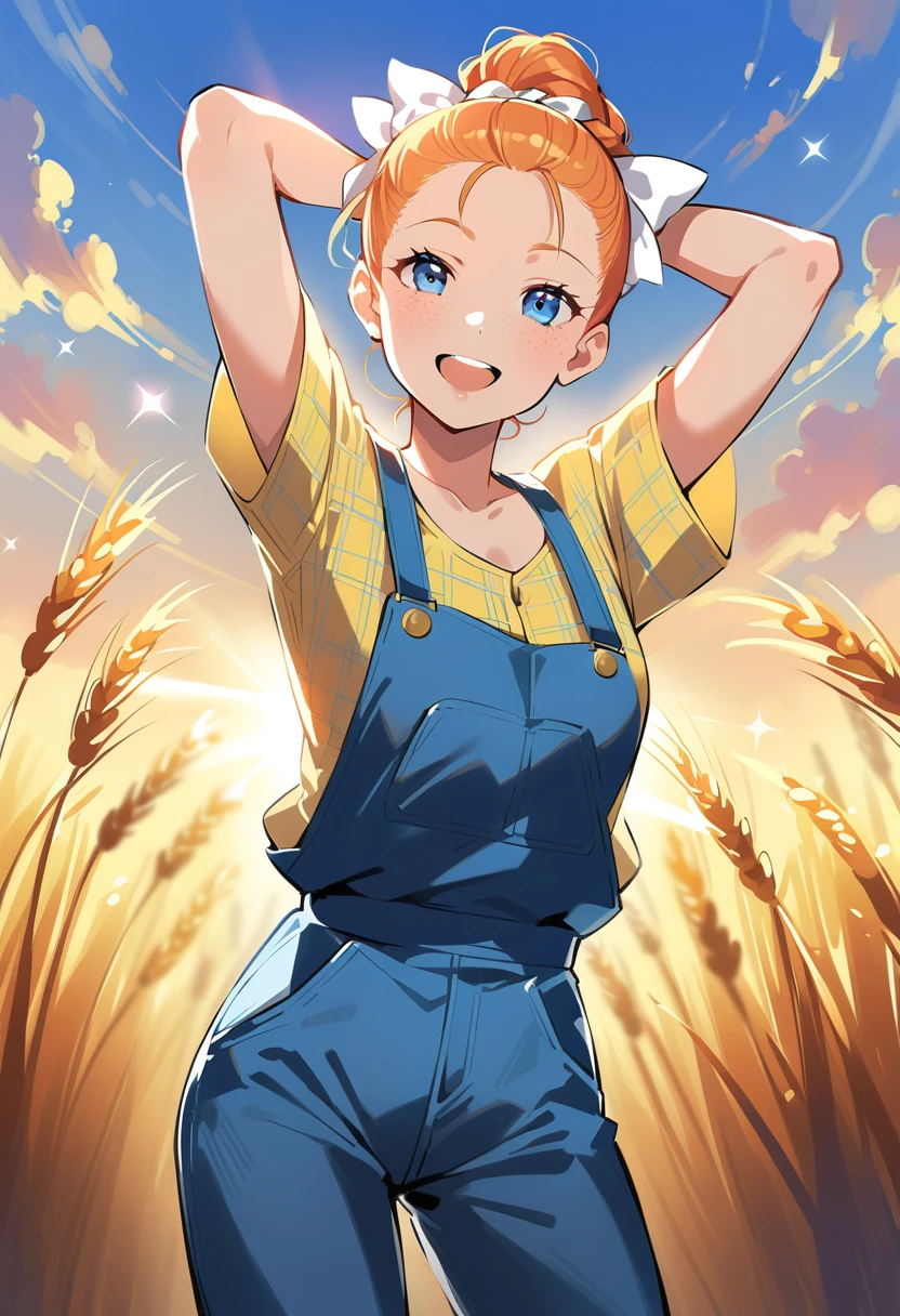 @ANN, pewarnaan character, visual illustration, aged up, 1girl, solo, (overalls), outdoors, sky, wheat, field, (blue overalls), smile, blue eyes, wheat field, looking at viewer, breasts, arms up, short sleeves, yellow shirt, orange hair, cowboy shot, collarbone, collared shirt, cleavage, denim, hair pulled back, upper teeth only, blonde hair, very long hair, medium breasts, forehead, standing, arms behind head, braided ponytail, single braid, teeth, oversized clothes, medium hair, short hair, partially unbuttoned, pants, oversized shirt, buttons, head tilt, flat chest, hair ribbon, white bow, tomboy, round teeth, plaid shirt, denim overalls, mature female, tall, tall female, slim body, freckles, twilight, cloudy sky, scenery, reaching, grass, floating hair, sunset, cloud, scenery, sparkle, sunbeam, light rays, diffraction spikes, highres, 4k, 8k, ann \(harvest moon\), ran \(bokujou monogatari\)