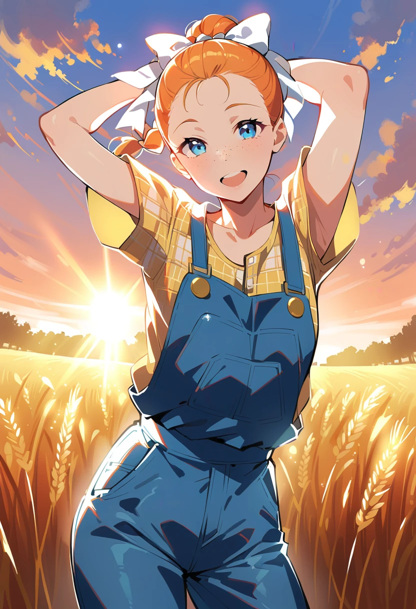 @ANN, pewarnaan character, visual illustration, aged up, 1girl, solo, (overalls), outdoors, sky, wheat, field, (blue overalls), smile, blue eyes, wheat field, looking at viewer, breasts, arms up, short sleeves, yellow shirt, orange hair, cowboy shot, collarbone, collared shirt, cleavage, denim, hair pulled back, upper teeth only, blonde hair, very long hair, medium breasts, forehead, standing, arms behind head, braided ponytail, single braid, teeth, oversized clothes, medium hair, short hair, partially unbuttoned, pants, oversized shirt, buttons, head tilt, flat chest, hair ribbon, white bow, tomboy, round teeth, plaid shirt, denim overalls, mature female, tall, tall female, slim body, freckles, twilight, cloudy sky, scenery, reaching, grass, floating hair, sunset, cloud, scenery, sparkle, sunbeam, light rays, diffraction spikes, highres, 4k, 8k, ann \(harvest moon\), ran \(bokujou monogatari\)