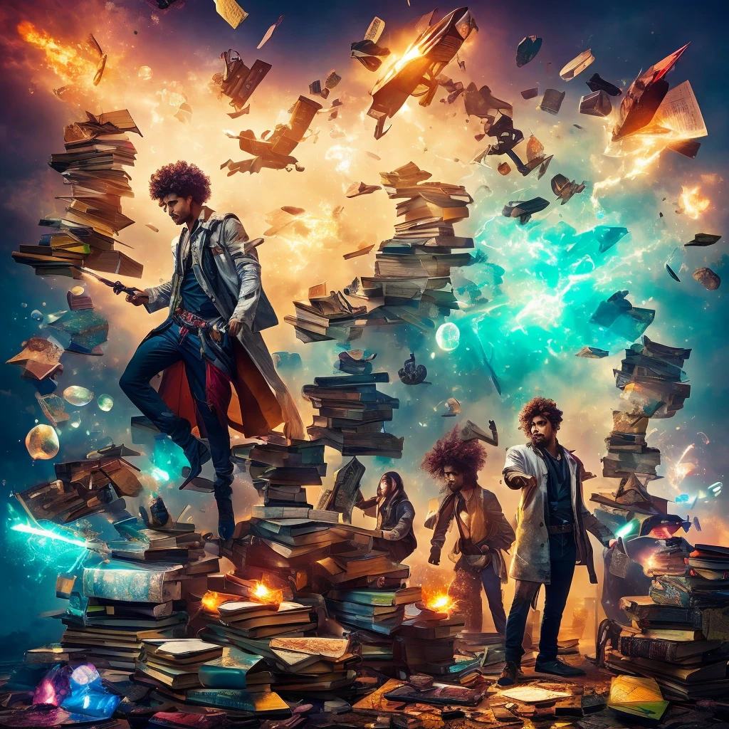 A diverse group of people, each displaying exaggerated negative stereotypes: a strict boss with a stern expression holding a clipboard filled with red marks, an overly concerned person hovering with a stack of 'self-help' books, a dreamy individual lost in thought with floating dream bubbles, a cold and logical person surrounded by mathematical equations, and an impulsive adventurer with wild hair and torn clothes. They all stand together in a chaotic scene, each highlighted by bright, eye-catching colors and dramatic lighting to capture attention.
