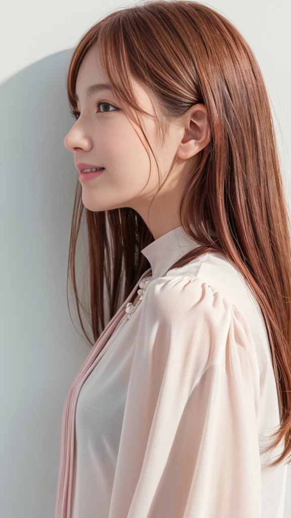 ((Long sleeve blouse))、(背景にWhite wall、Pink brown hair color:1.4)、White wall、In front of a white door、(窓のあるWhite wallの部屋)、(8K、Live Shooting、Highest quality、masterpiece:1.2)、High-quality RAW color photos、Professional photos、(Genuine、フォトGenuine:1.37)、Photographed in natural light、1 Girl、A sloppy smile、(Various poses)、necklace、(Beautiful profile:1.3)、Don&#39;t look at the camera、profile、Shortcuts、short hair、The eye color is dark brown、(Beautiful profile:1.3)、Correct hand of human body、Pastel colored clothes、Woman with single eyelid、The correct state of the human body、Natural  lip、Shot in well-lit areas