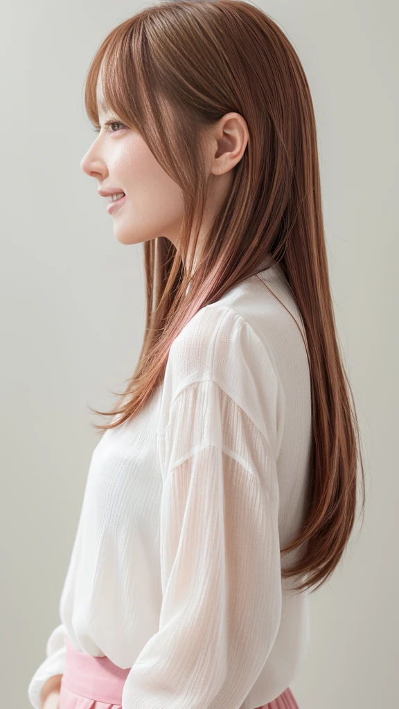 ((Long sleeve blouse))、(背景にWhite wall、Pink brown hair color:1.4)、White wall、In front of a white door、(窓のあるWhite wallの部屋)、(8K、Live Shooting、Highest quality、masterpiece:1.2)、High-quality RAW color photos、Professional photos、(Genuine、フォトGenuine:1.37)、Photographed in natural light、1 Girl、A sloppy smile、(Various poses)、necklace、(Beautiful profile:1.3)、Don't look at the camera、profile、Shortcuts、short hair、The eye color is dark brown、(Beautiful profile:1.3)、Correct hand of human body、Pastel colored clothes、Woman with single eyelid、The correct state of the human body、Natural lip、Shot in well-lit areas