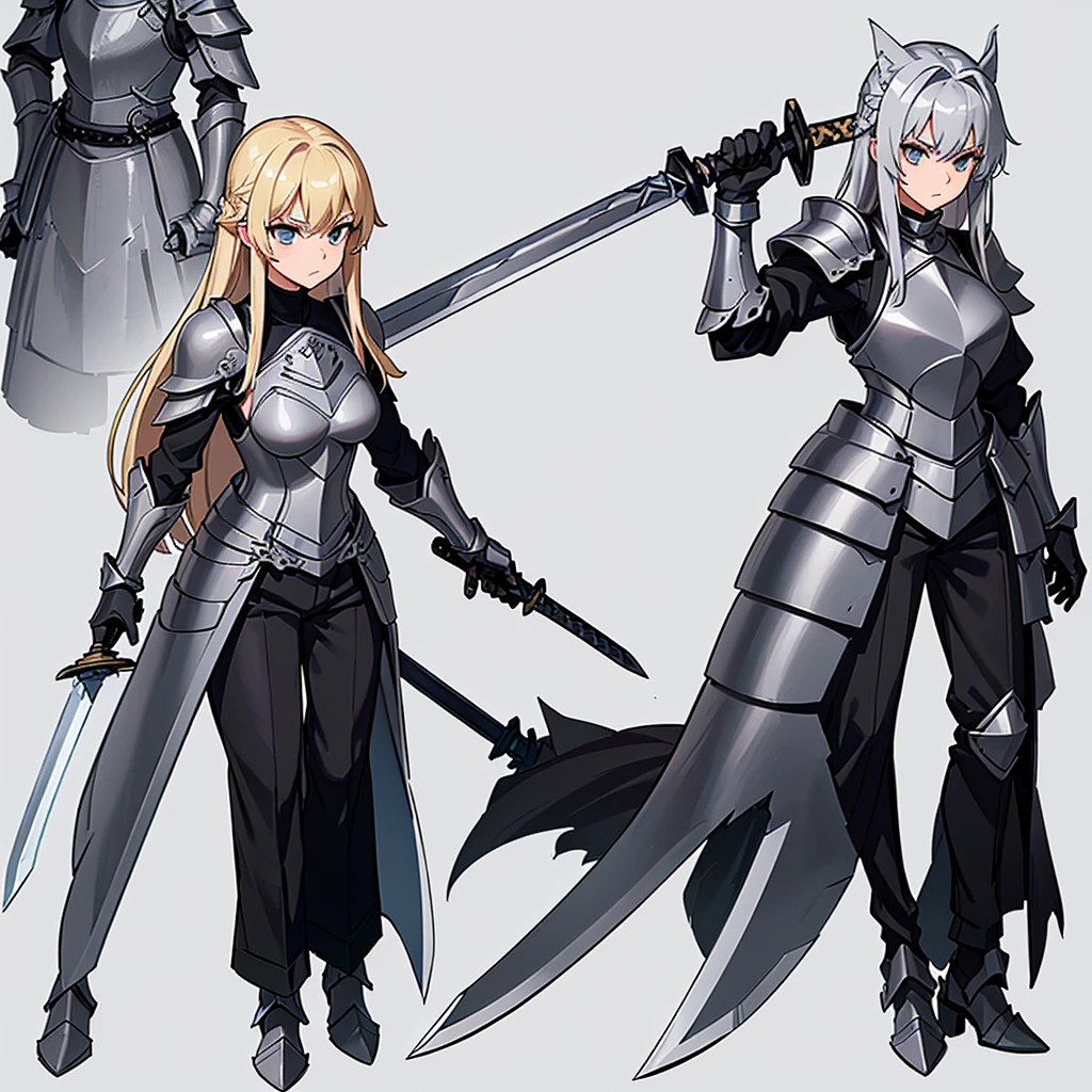 (Full body character concept、detailed)、(((Simple grey armor、Black trousers、Black gloves))、(woman、18-year-old)、(Blonde、Long Hair)、(((Grab the sword)))、(White background)