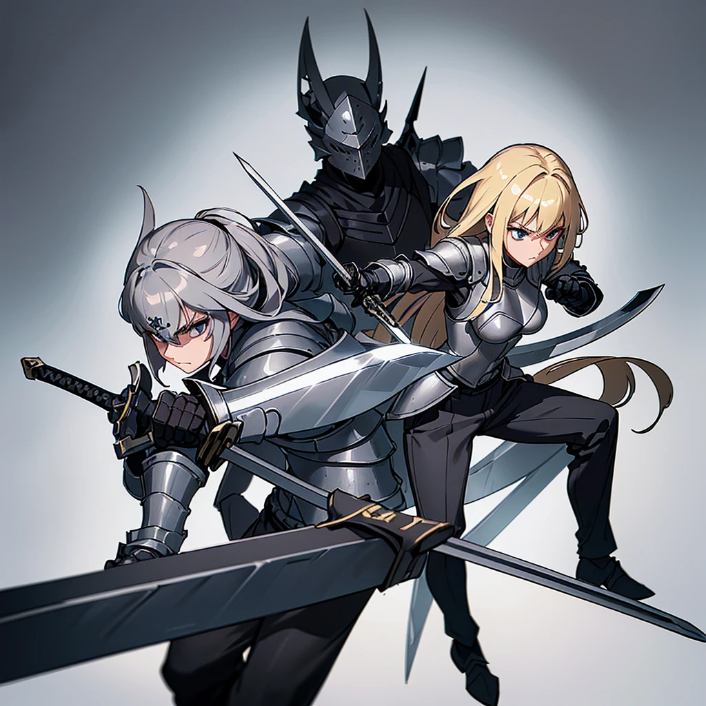 (Full body character concept、detailed)、(((Simple grey armor、Black trousers、Black gloves))、(woman、18-year-old)、(Blonde、Long Hair)、(((Grab the sword)))、(White background)