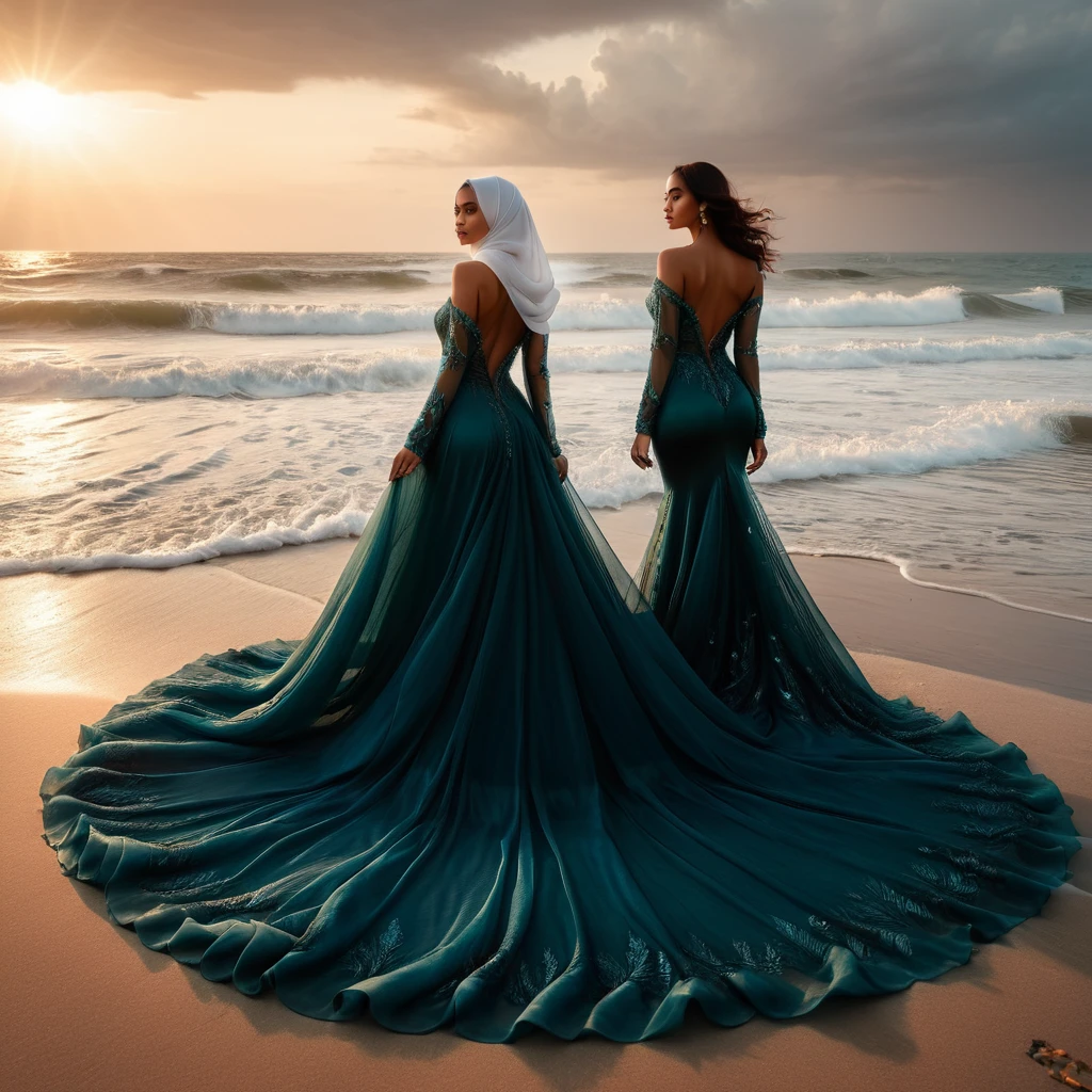 Two woman in the sheer gown,wearing hijab, full body,mermaid tight long gown, flowy dramatic long gown,very long flor length gown, tall women, in beach,sunset, sexy face, winds blow,sexy pose, masterpice, hyper realistic, realistic lightning