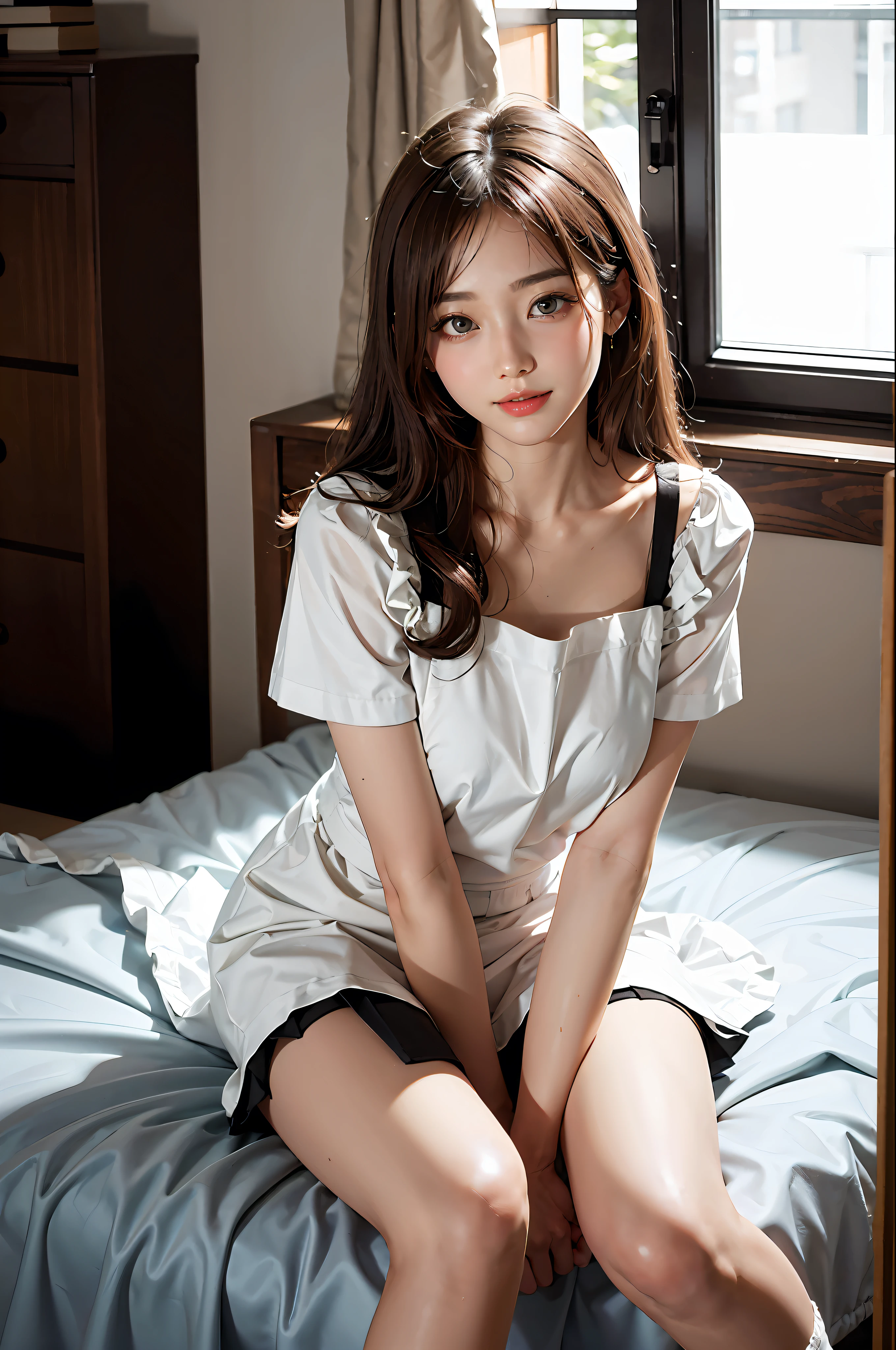 masterpiece, Best image quality, A beautiful girl, Exquisite eyes, swollen eyes, Brown hair, Long hair, White skin, charming, charming legs, Short skirt, Japanese woman, Asian Beauty, moonlight, Determined gaze, Professional lighting, Bright Lights, Double eyelids, Slender, Japanese woman, Asian Beauty, Short skirt, A bright smile, Sweat, Fresh, charming white apron with frills, White Western-style princess bedroom, Looking forward, close up, Young face,