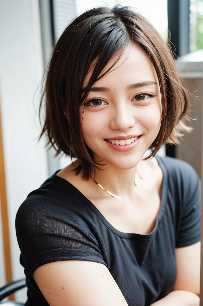 Top quality, 1 beautiful woman, super short Hair, gold hair, wearing Striped Shirt, Giddy Smile, Natural Light, at park