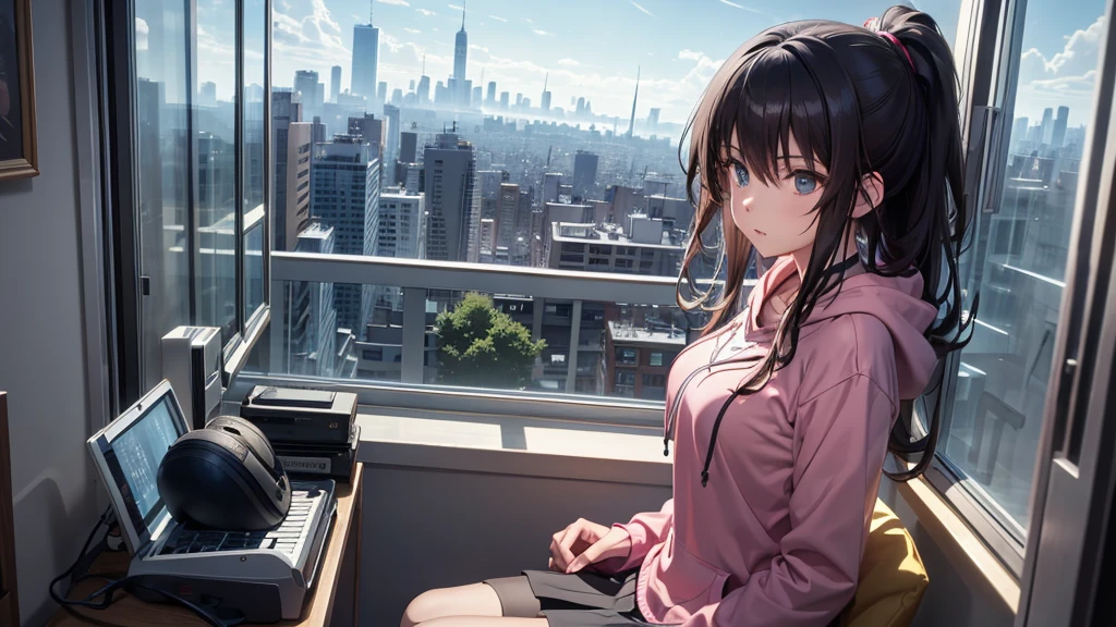 Ultra-high resolution, 8K, (Official Art, beautifully、mysterious:1.2), Anime Art Wallpaper, Works by Makoto Xin Haicheng, Lofi Art Style, Lo-fi feel, Perfect human body composition, Perfect skeleton, Impressive eyes, Oversized hoodie and short skirt, Shiny long black hair, Larger than average bust, Girl listening to music with headphones, Looking out the window, City Room, A room for music lovers, city view from the window, Impressive cityscape, Bright Sky