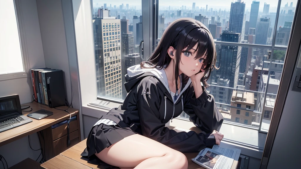 Ultra-high resolution, 8K, (Official Art, beautifully、mysterious:1.2), Anime Art Wallpaper, Works by Makoto Xin Haicheng, Lofi Art Style, Lo-fi feel, Perfect human body composition, Perfect skeleton, Impressive eyes, Oversized hoodie and short skirt, Shiny long black hair, Larger than average bust, Girl listening to music with headphones, Looking out the window, City Room, A room for music lovers, city view from the window, Impressive cityscape, Bright Sky