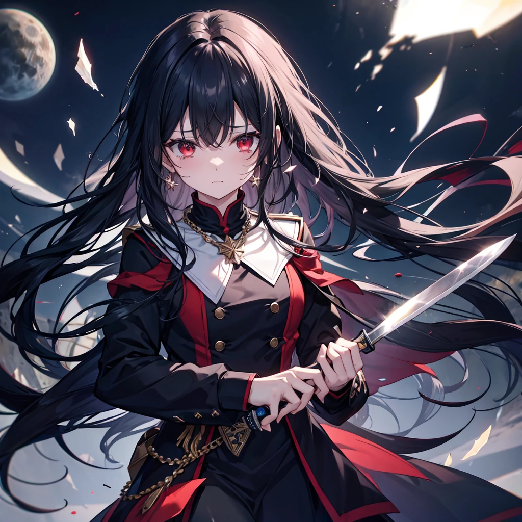 (((Hold the knife)))　((Fantasy　Black Hair　Long Hair　Dull red eyes　uniform　Lonely　despair))　((necklace　tears　gloves))　(Broken glass　Distorted Space-Time　star　moon)　Catch the wind　autumn　Shining Background　Particles of light