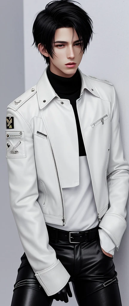 Final fantasy taste and reality graphics, Japanese young cute and cool ikemen  boy, his age is early 20s, thin eyebrows and beady eyes,  he wearing off white color leather  thick material jacket, jacket is singlebrest, biker style jacket, with epaulet, jacket is long sleeve, must close the front of the leather jacket, , jacket is voluminous, ,must jacket is high length and stand-up collar with two belts, jacket is a little black color line pattern,close the front of the jacket, also wearing black thick material turtleneck lackluster shirts,  tight black leather pants, shiny black leather tight and thin glove, black leather knee-high raceup boots,must views  head-to-toe,must views whole body, boy looks like fashion model,Do not show skin from the neck down,leather jacket leather glove and leather pants have few wrinkles,boy in the room,Avoid showing your innerwear
