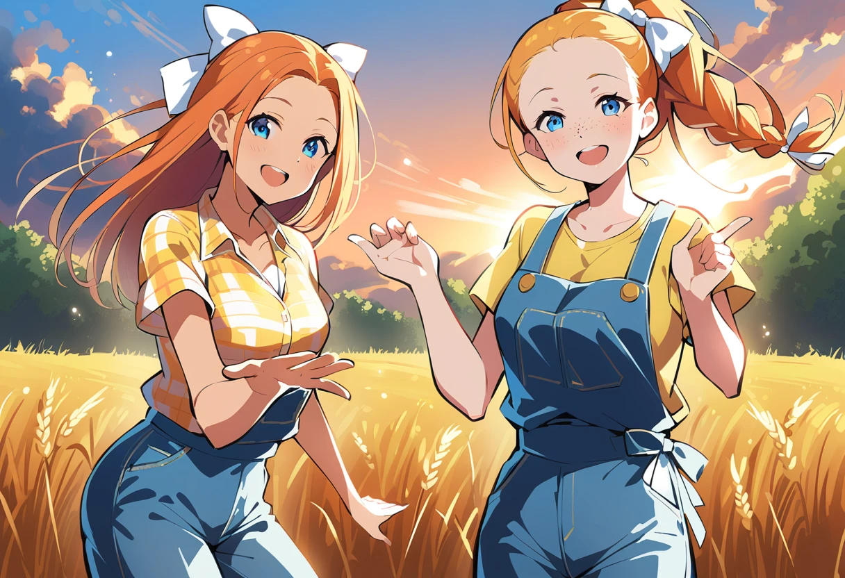 pewarnaan character, visual illustration, @ANN, ann \(harvest moon\), ran \(bokujou monogatari\), aged up, 1girl, ponytail, braid, braided ponytail, single braid, forehead, solo, (overalls), outdoors, sky, wheat, field, (blue overalls), smile, blue eyes, wheat field, looking at viewer, breasts,short sleeves, yellow shirt, orange hair, blonde hair, cowboy shot, collarbone, collared shirt, cleavage, denim, upper teeth only, medium breasts, standing, teeth, oversized clothes, long hair, partially unbuttoned, pants, oversized shirt, buttons, head tilt, flat chest, hair bow, white bow, tomboy, round teeth, plaid shirt, denim overalls, mature female, tall, tall female, slim body, freckles, twilight, cloudy sky, scenery, reaching, grass, floating braid, sunset, cloud, scenery, jeans, bow, hair ribbon, sparkle, sunbeam, light rays, highres, 4k, 8k