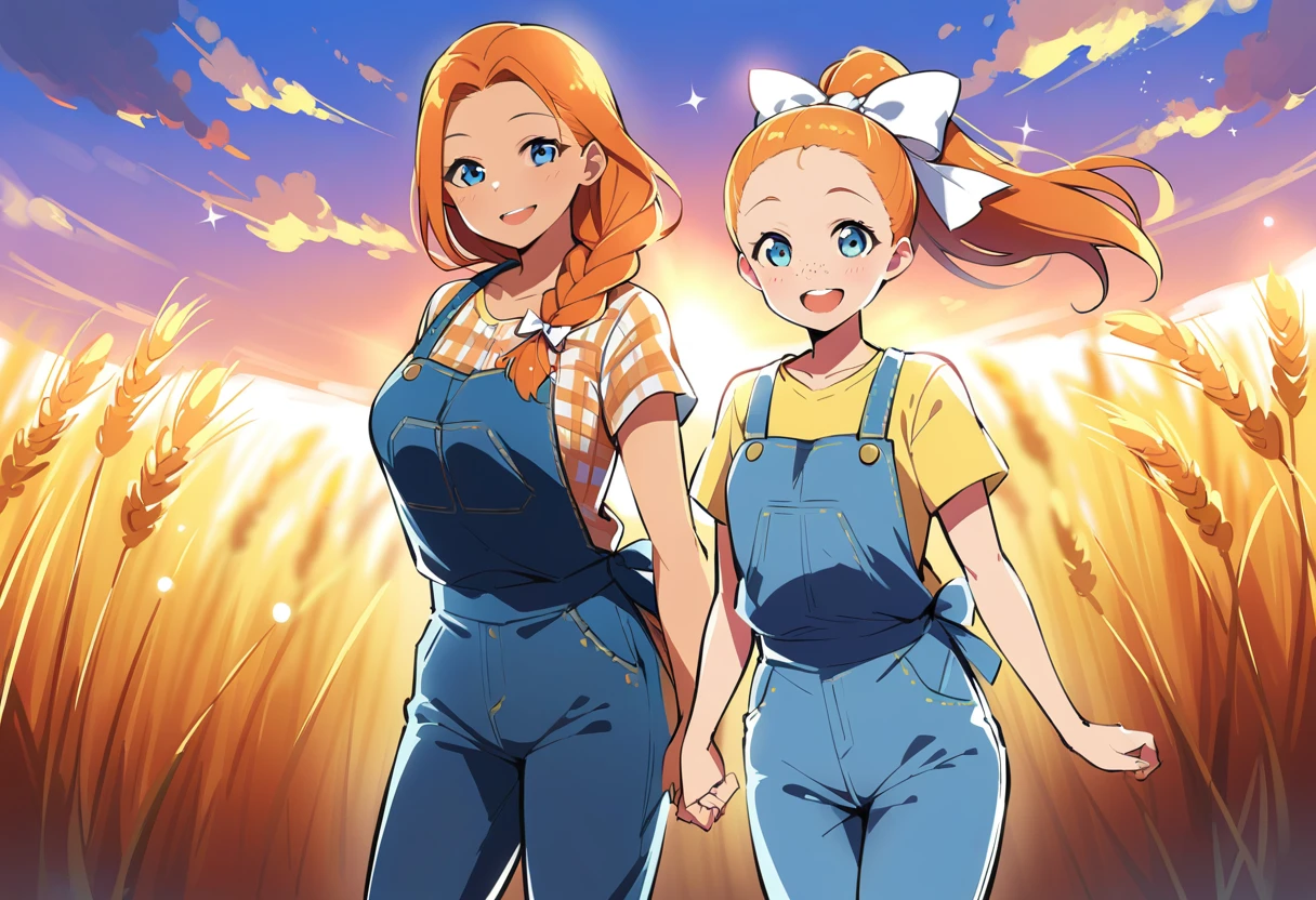 pewarnaan character, visual illustration, @ANN, ann \(harvest moon\), ran \(bokujou monogatari\), aged up, 1girl, ponytail, braid, braided ponytail, single braid, forehead, solo, (overalls), outdoors, sky, wheat, field, (blue overalls), smile, blue eyes, wheat field, looking at viewer, breasts,short sleeves, yellow shirt, orange hair, blonde hair, cowboy shot, collarbone, collared shirt, cleavage, denim, upper teeth only, medium breasts, standing, teeth, oversized clothes, long hair, partially unbuttoned, pants, oversized shirt, buttons, head tilt, flat chest, hair bow, white bow, tomboy, round teeth, plaid shirt, denim overalls, mature female, tall, tall female, slim body, freckles, twilight, cloudy sky, scenery, reaching, grass, floating braid, sunset, cloud, scenery, jeans, bow, hair ribbon, sparkle, sunbeam, light rays, highres, 4k, 8k