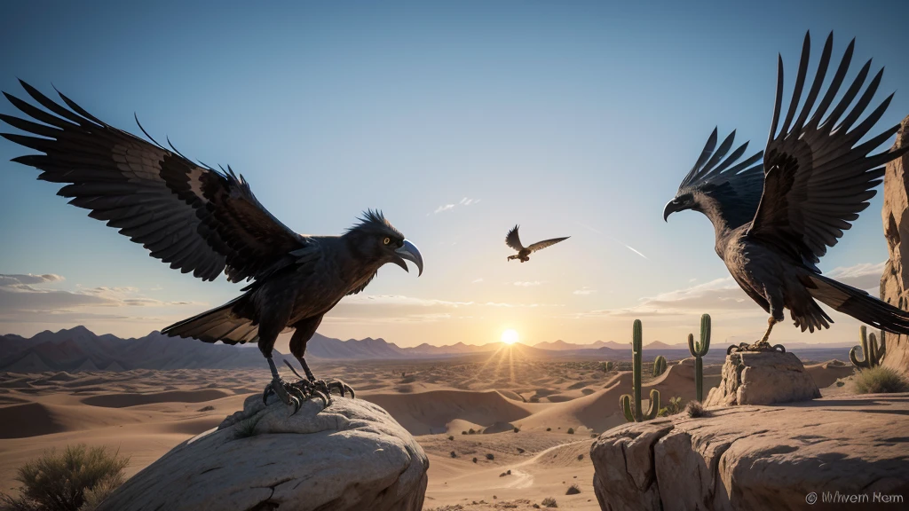 "High-quality AI image creation: a giant raven and a hawk in an epic confrontation in the desert. The raven, with shiny black feathers and piercing eyes, is positioned on a rocky cliff, while the hawk, with brown feathers and open wings, is about to attack from above. The desert scene is vast and arid, with sand dunes, cacti, and a clear blue sky. The setting sun creates dramatic shadows and enhances the details of the birds and the terrain. The image should capture the tension and majesty of this impending battle moment."